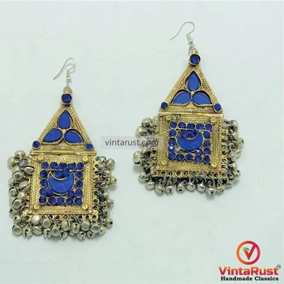 Pure Vintage Blue Dangle Earrings With Bells, Afghan Kuchi Massive Earrings - Picture 2 of 8